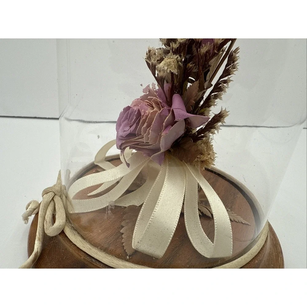 Vintage Dried Rose‎ Flowers Under Glass Dome Wood Base